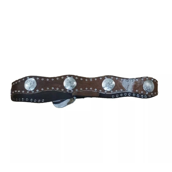 Nocona Hair On Hide Leather Belt  Conchos Rhinestone Bling Brown Woman M Western